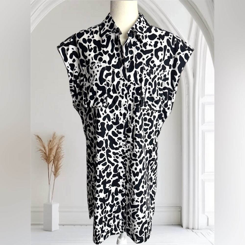 LITA by Ciara Sleeveless Black/White Cheetah Button Front Shirt Dress Size Med